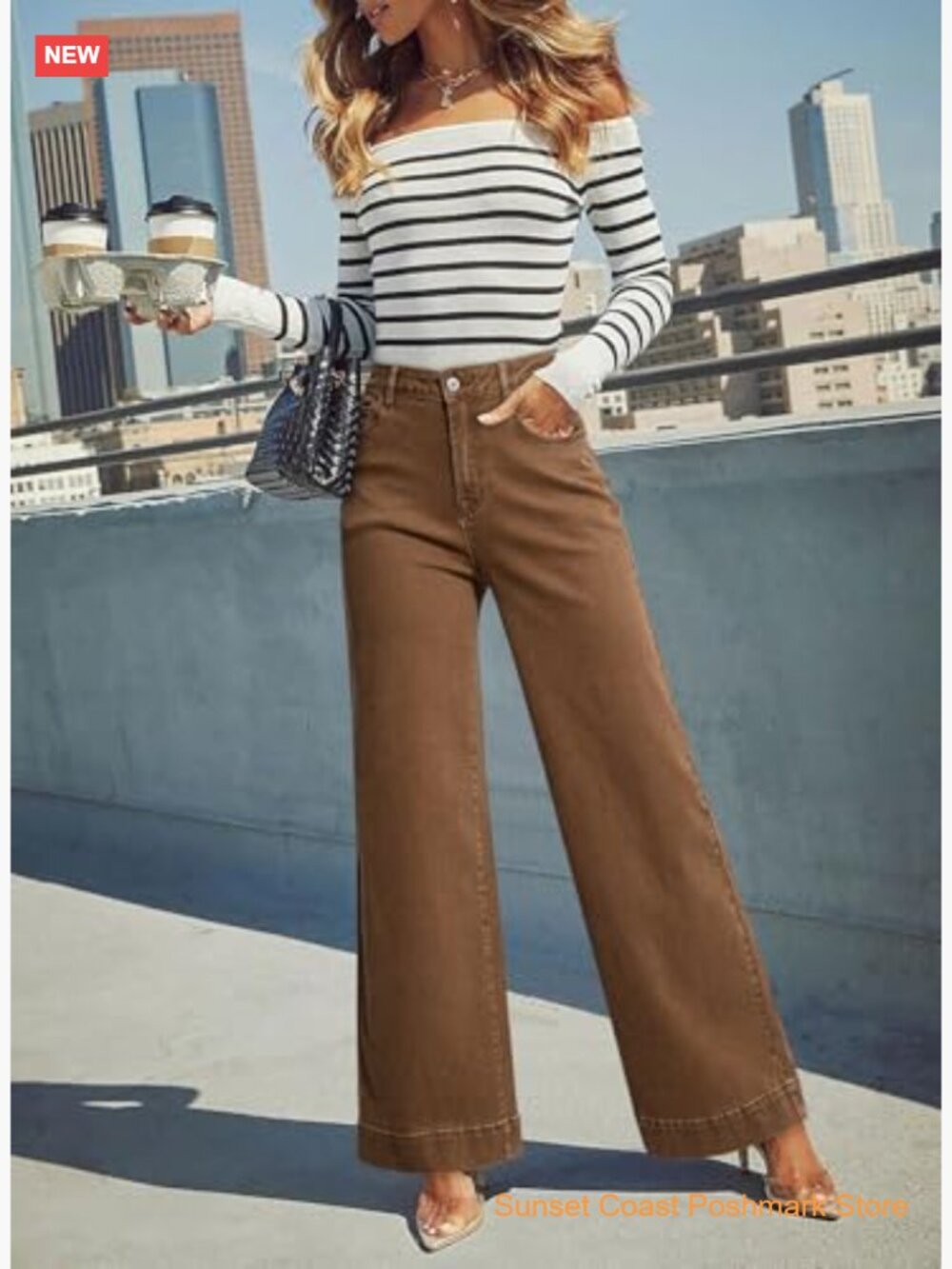 High Waisted Wide Leg Stretch Denim Pants with Pockets - Picture 5 of 7